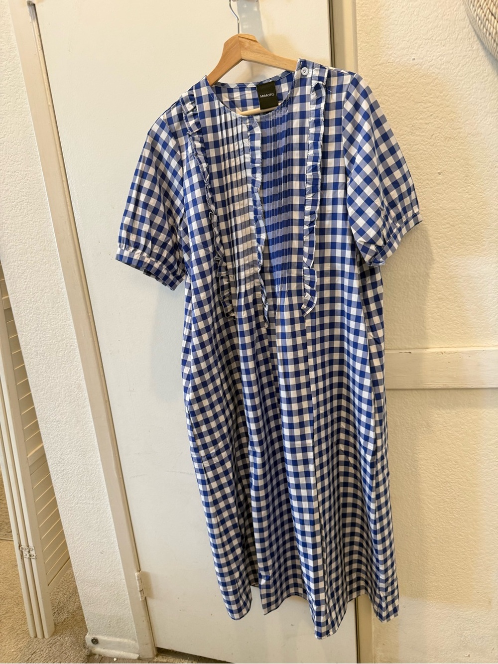 New Mimoto Japan blue & white gingham midi dress